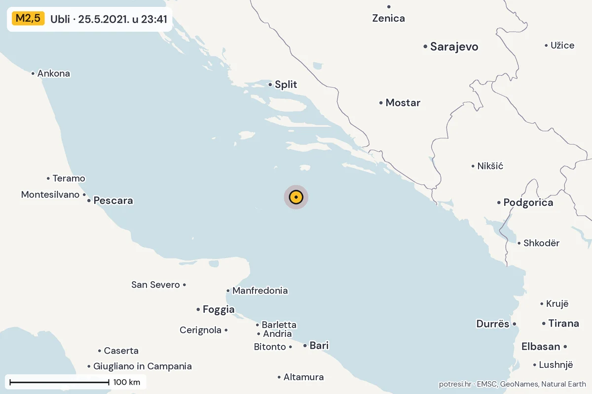 Karta: šire područje, 600 km, potres M2,5, Ubli, 25.5.2021.