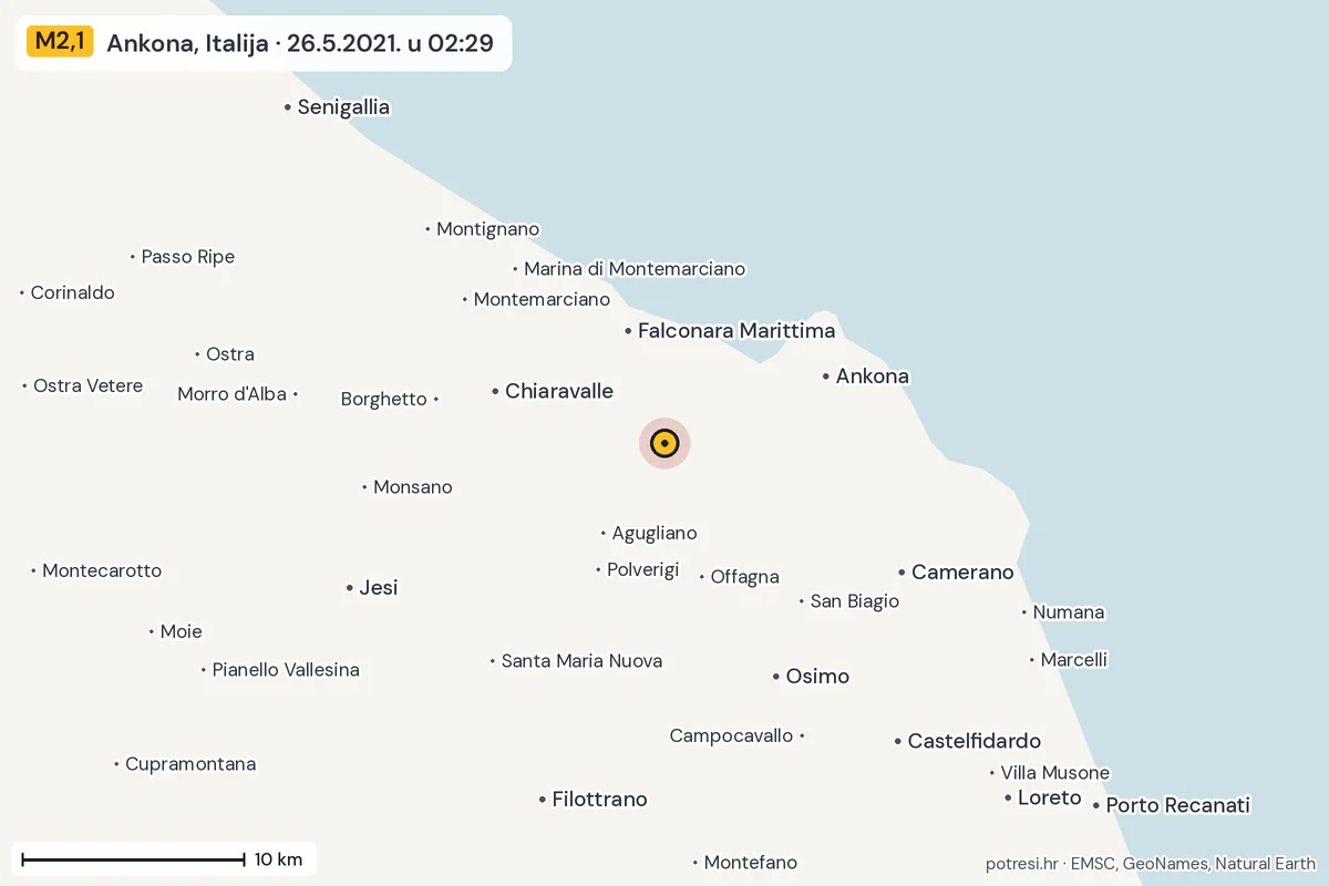 Karta: okolica epicentra, 60 km, potres M2,1, Ankona, Italija, 26.5.2021.