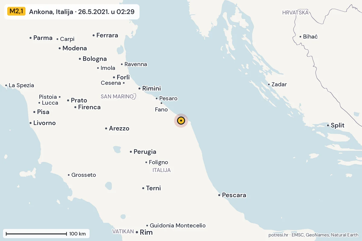 Karta: šire područje, 600 km, potres M2,1, Ankona, Italija, 26.5.2021.