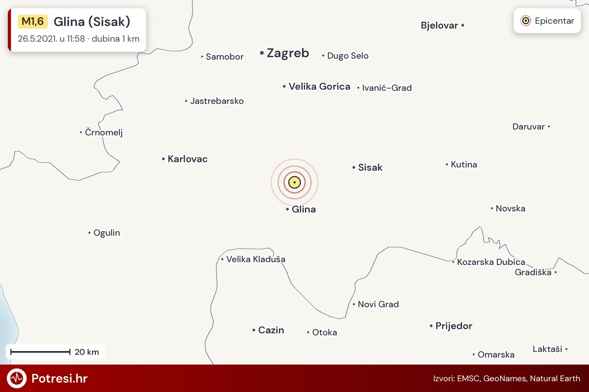 Karta: šire područje i vjerojatni doseg osjeta, potres M1,6, Glina (Sisak), 26.5.2021.