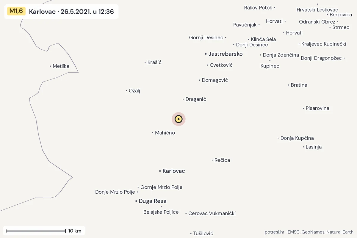 Karta: okolica epicentra, 60 km, potres M1,6, Karlovac, 26.5.2021.