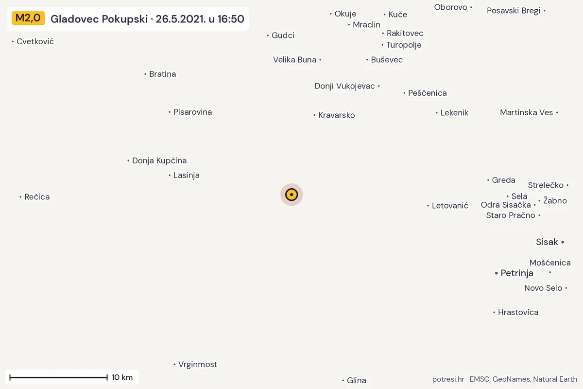 Karta: okolica epicentra, 60 km, potres M2,0, Gladovec Pokupski, 26.5.2021.