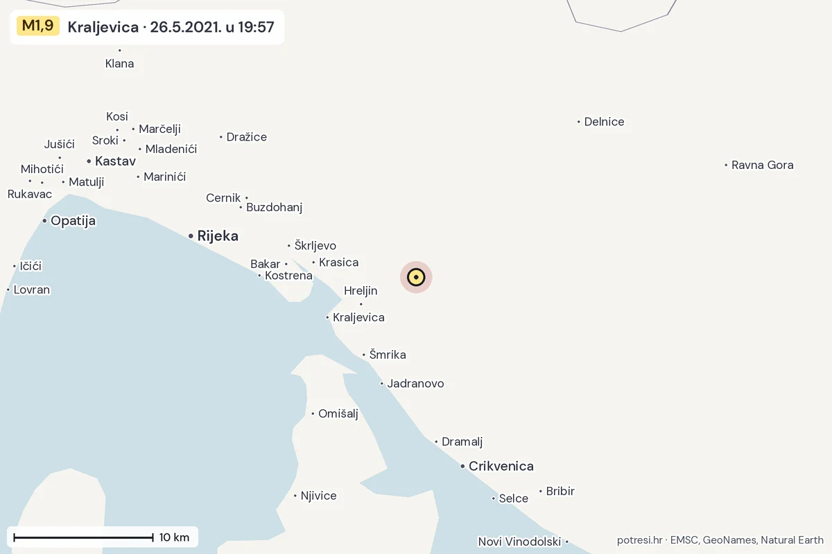 Karta: okolica epicentra, 60 km, potres M1,9, Kraljevica, 26.5.2021.