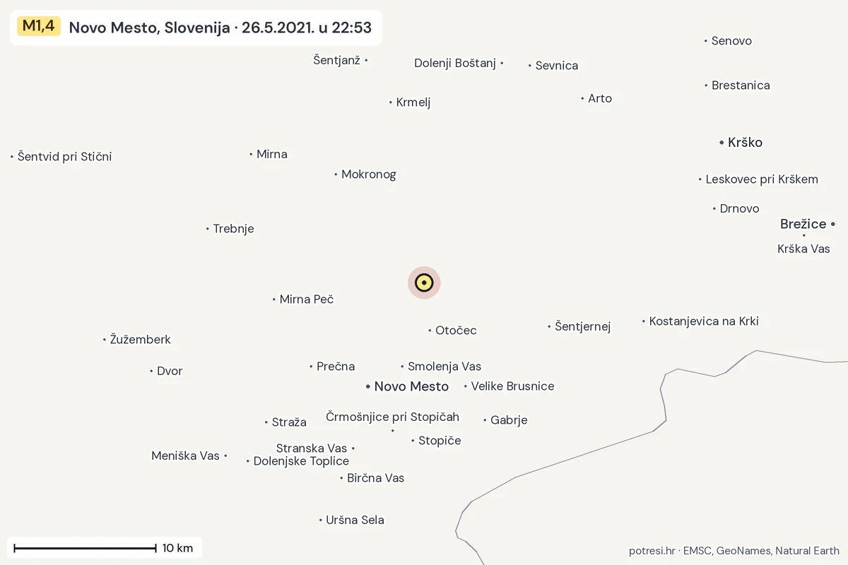 Karta: okolica epicentra, 60 km, potres M1,4, Novo Mesto, Slovenija, 26.5.2021.