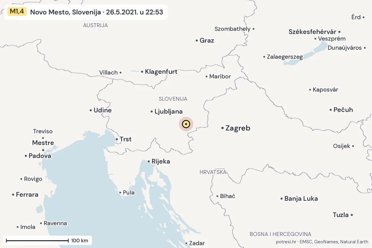 Karta: šire područje, 600 km, potres M1,4, Novo Mesto, Slovenija, 26.5.2021.