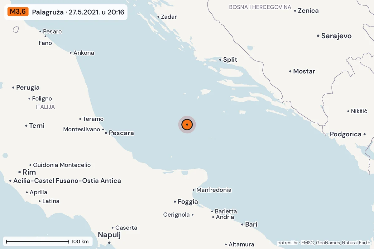 Karta: šire područje, 600 km, potres M3,6, Palagruža, 27.5.2021.