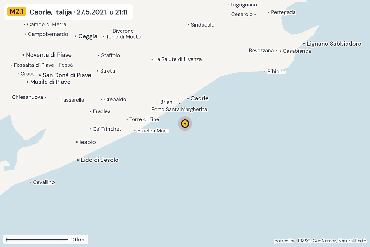 Karta: okolica epicentra, 60 km, potres M2,1, Caorle, Italija, 27.5.2021.