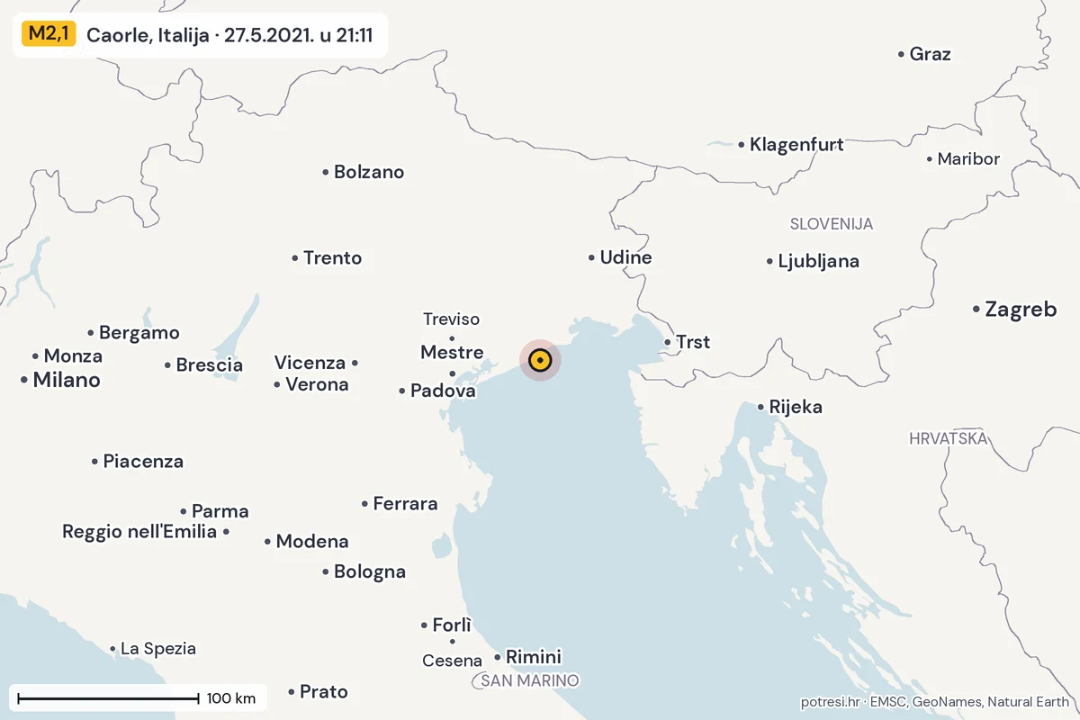 Karta: šire područje, 600 km, potres M2,1, Caorle, Italija, 27.5.2021.