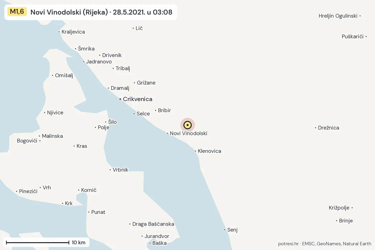 Karta: okolica epicentra, 60 km, potres M1,6, Novi Vinodolski (Rijeka), 28.5.2021.