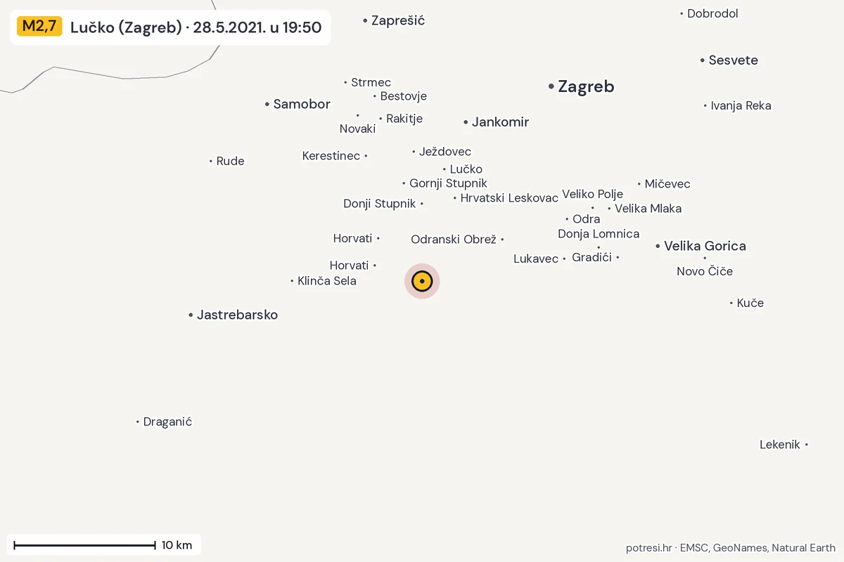 Karta: okolica epicentra, 60 km, potres M2,7, Lučko (Zagreb), 28.5.2021.