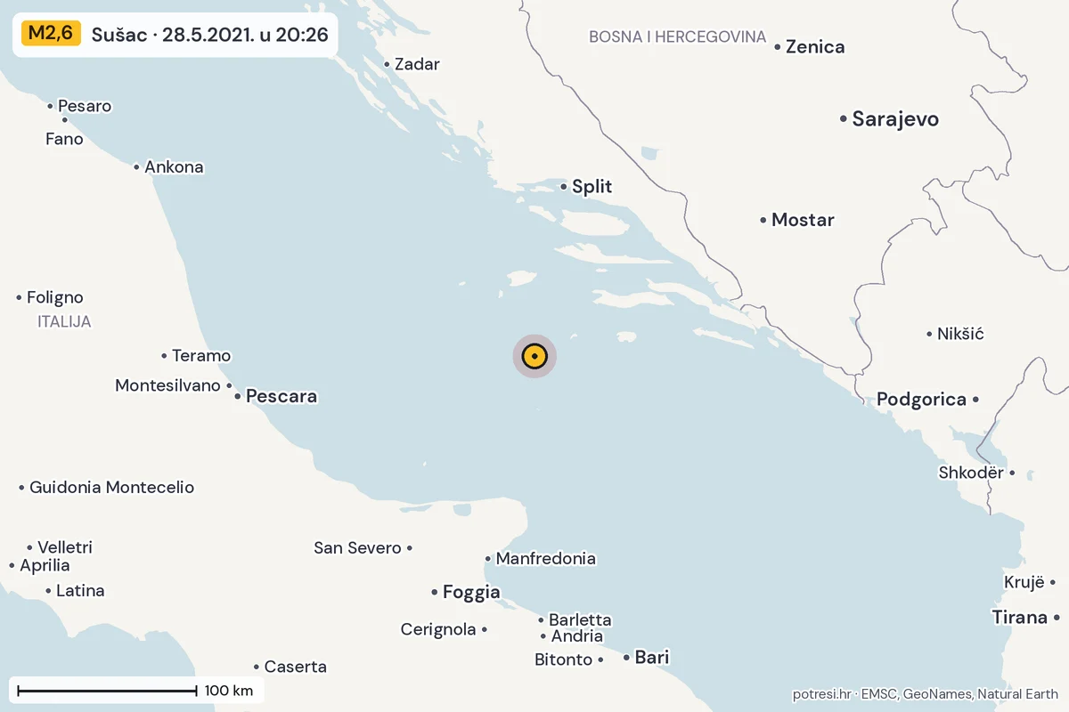 Karta: šire područje, 600 km, potres M2,6, Sušac, 28.5.2021.