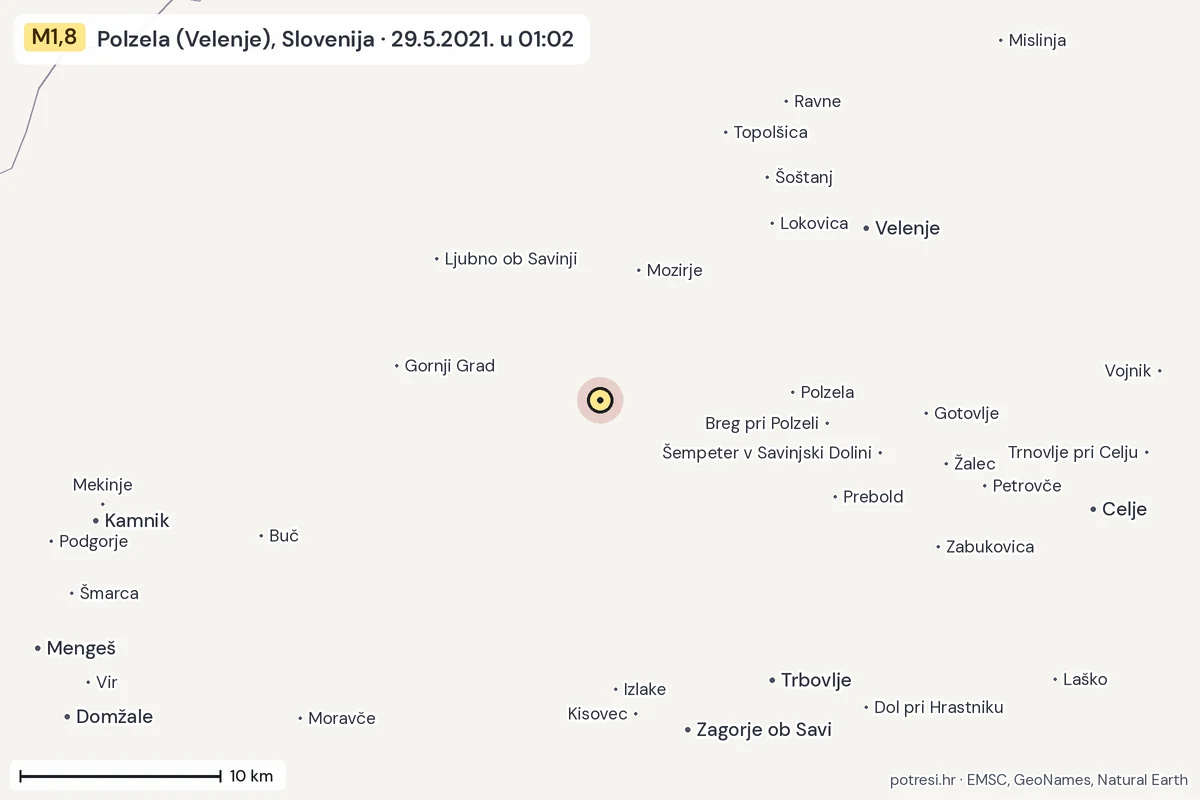 Karta: okolica epicentra, 60 km, potres M1,8, Polzela (Velenje), Slovenija, 29.5.2021.