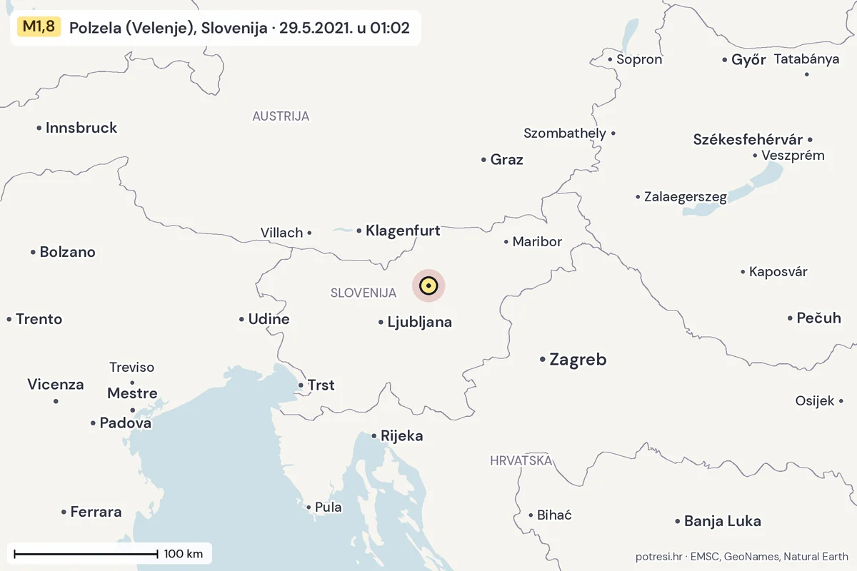Karta: šire područje, 600 km, potres M1,8, Polzela (Velenje), Slovenija, 29.5.2021.