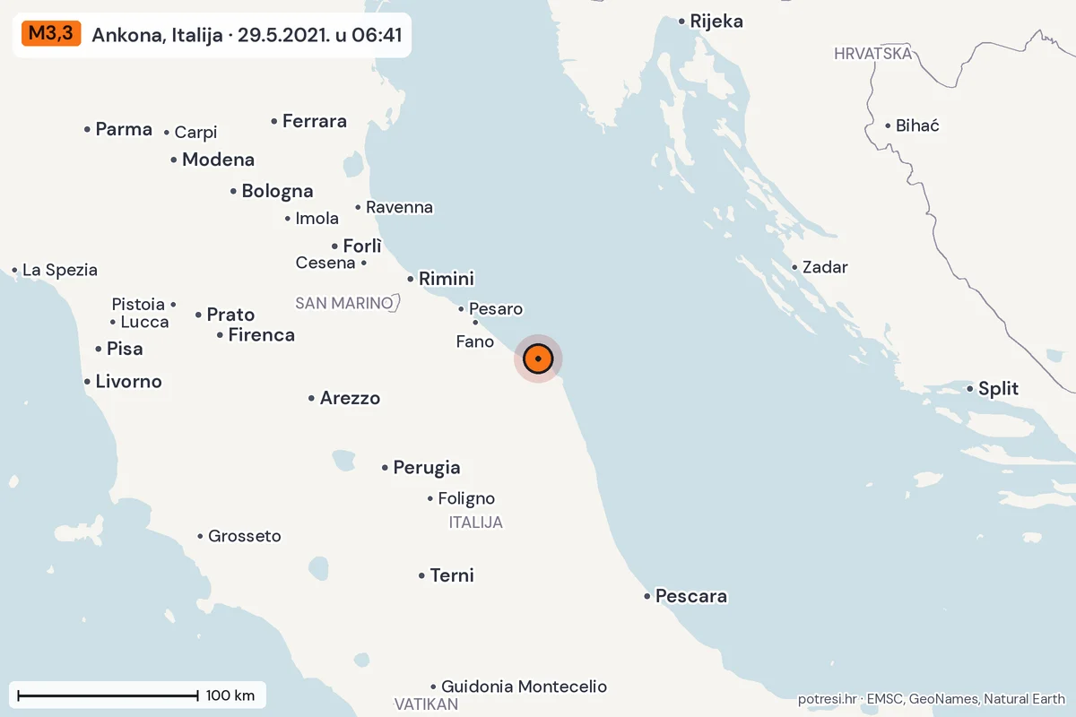 Karta: šire područje, 600 km, potres M3,3, Ankona, Italija, 29.5.2021.
