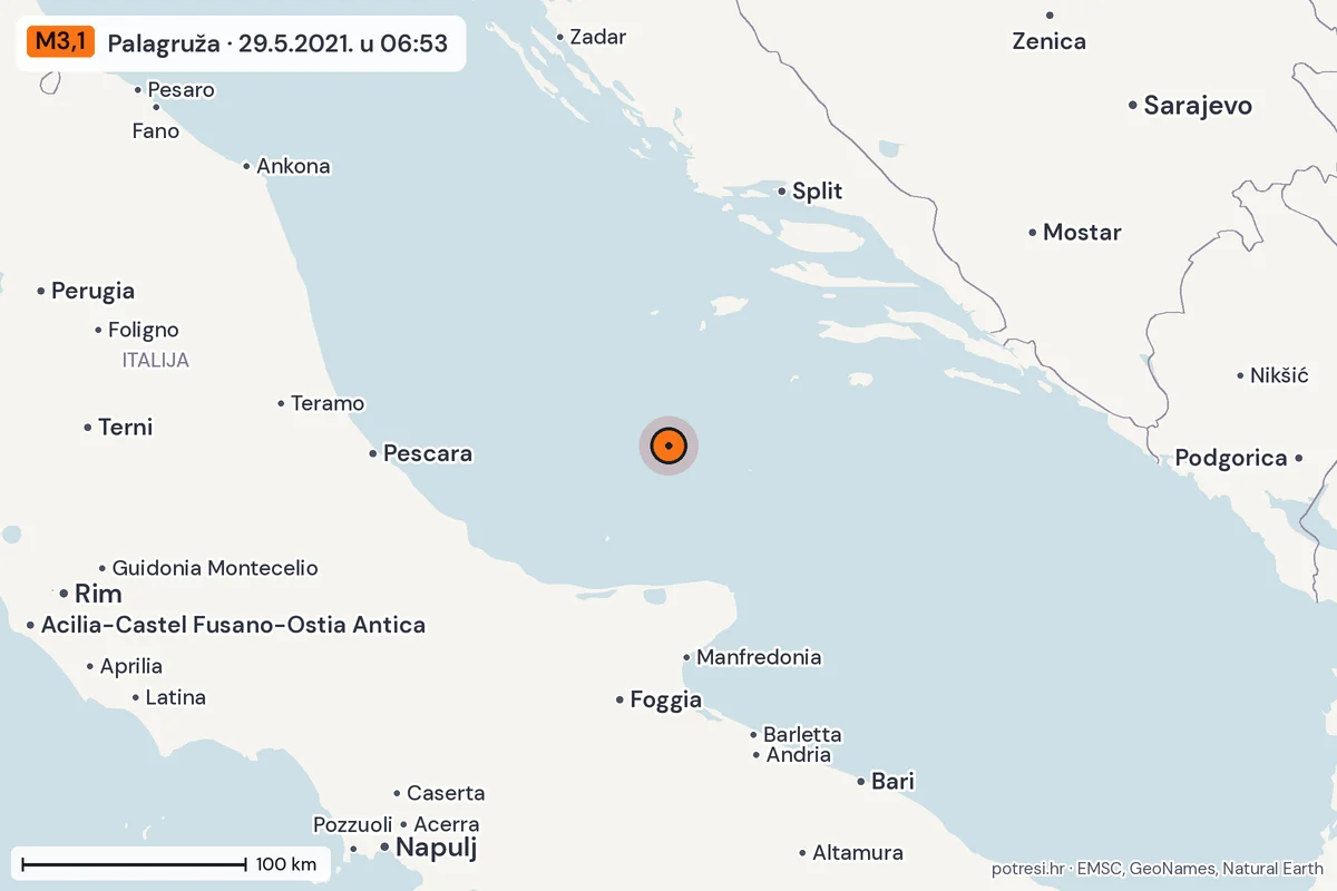 Karta: šire područje, 600 km, potres M3,1, Palagruža, 29.5.2021.