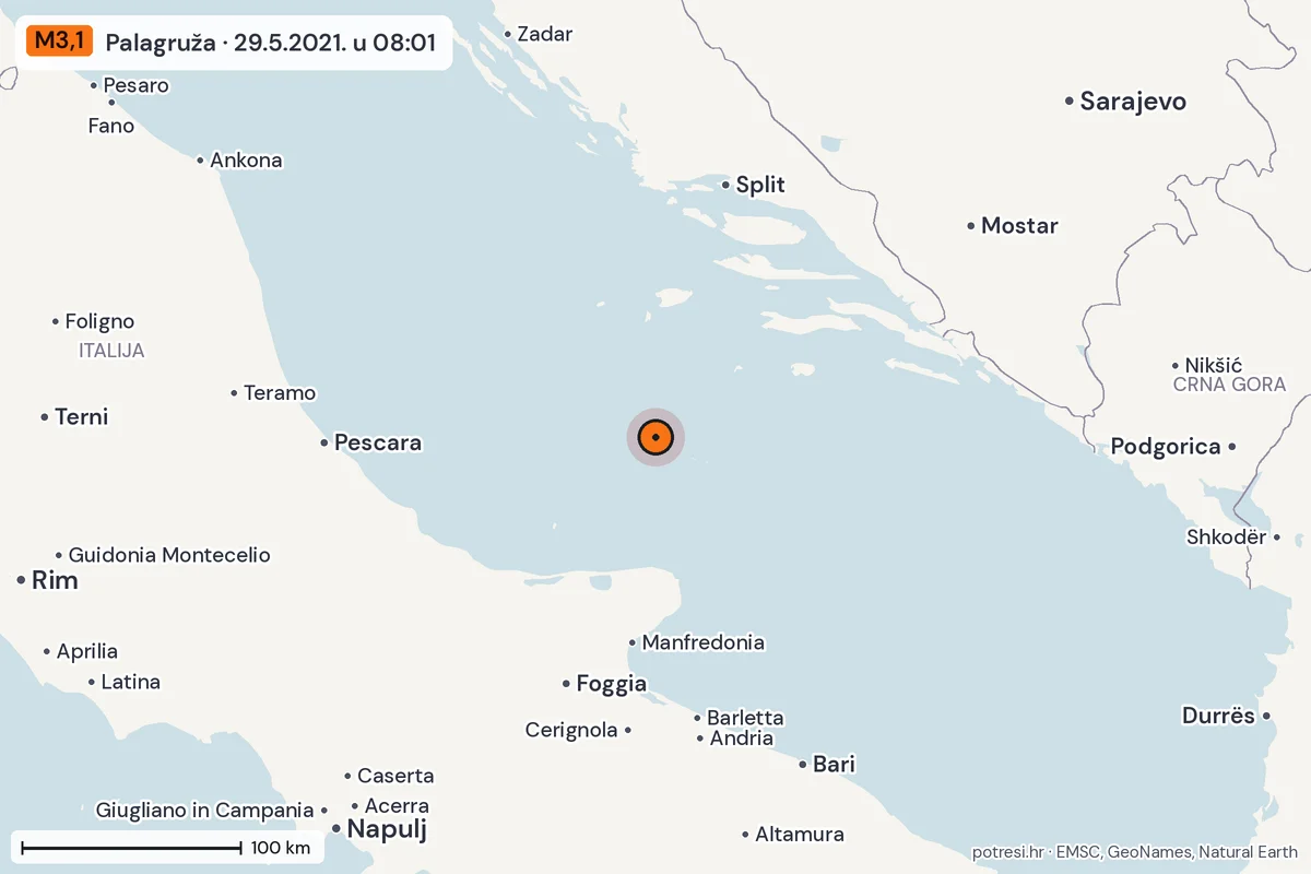 Karta: šire područje, 600 km, potres M3,1, Palagruža, 29.5.2021.