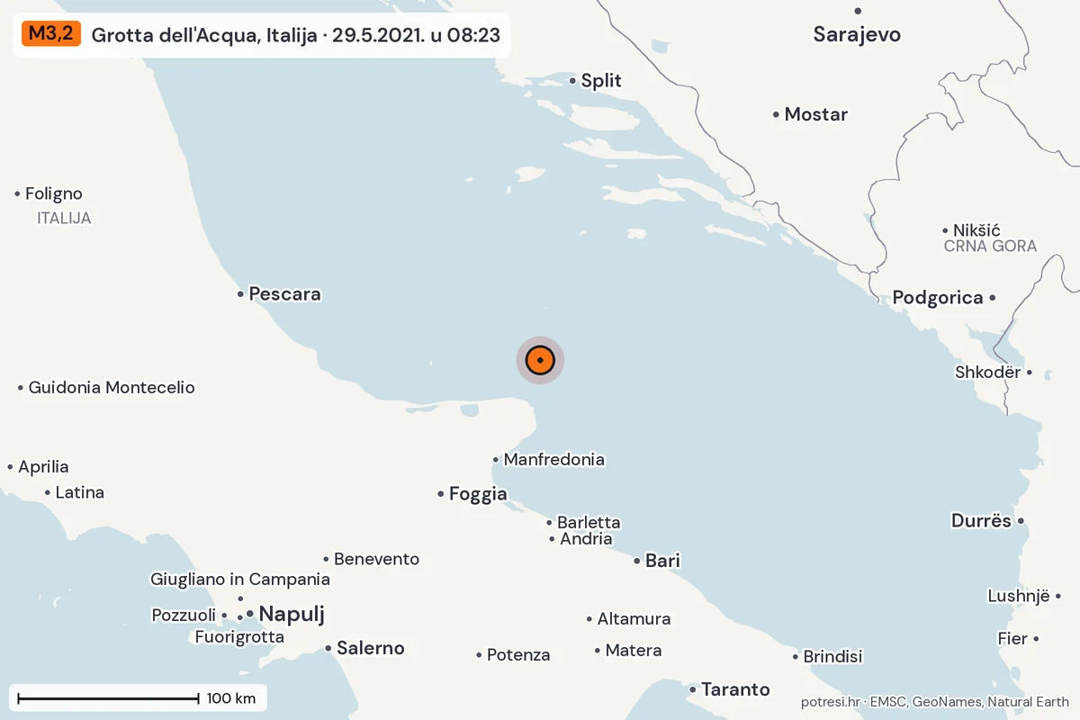 Karta: šire područje, 600 km, potres M3,2, Grotta dell'Acqua, Italija, 29.5.2021.