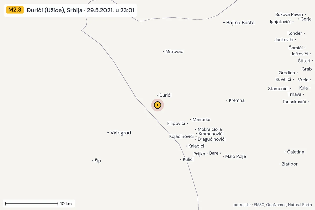 Karta: okolica epicentra, 60 km, potres M2,3, Đurići (Užice), Srbija, 29.5.2021.