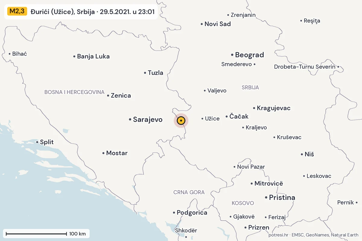 Karta: šire područje, 600 km, potres M2,3, Đurići (Užice), Srbija, 29.5.2021.