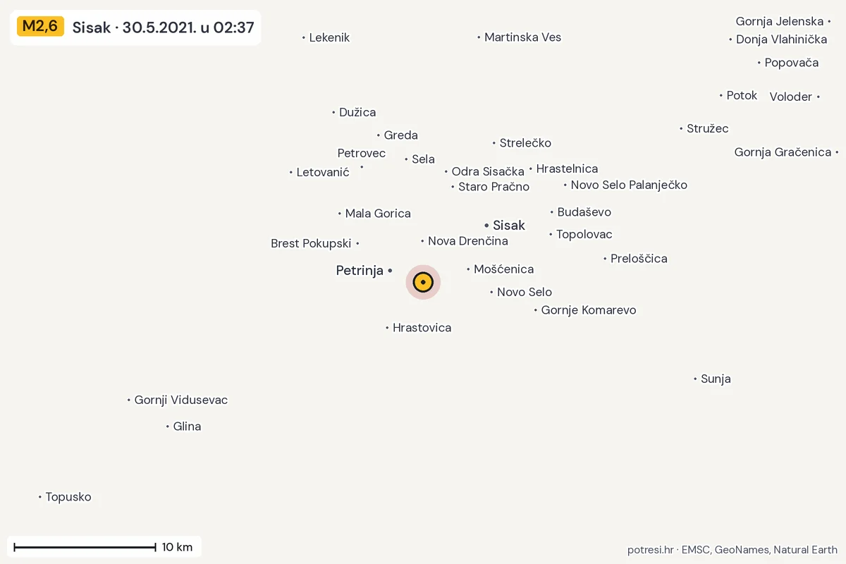 Karta: okolica epicentra, 60 km, potres M2,6, Sisak, 30.5.2021.