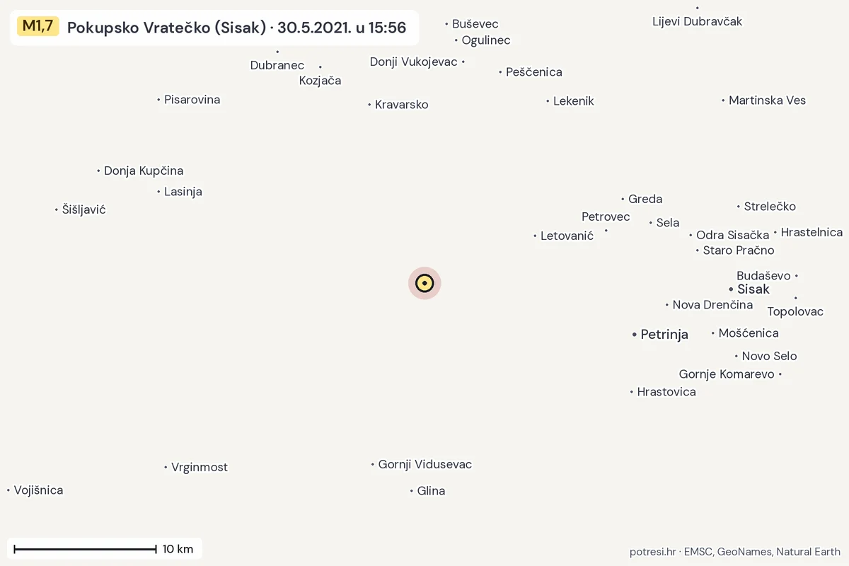 Karta: okolica epicentra, 60 km, potres M1,7, Pokupsko Vratečko (Sisak), 30.5.2021.
