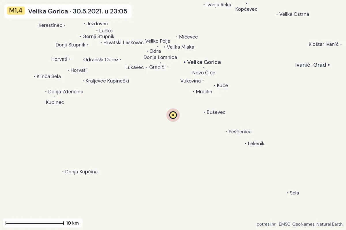 Karta: okolica epicentra, 60 km, potres M1,4, Velika Gorica, 30.5.2021.