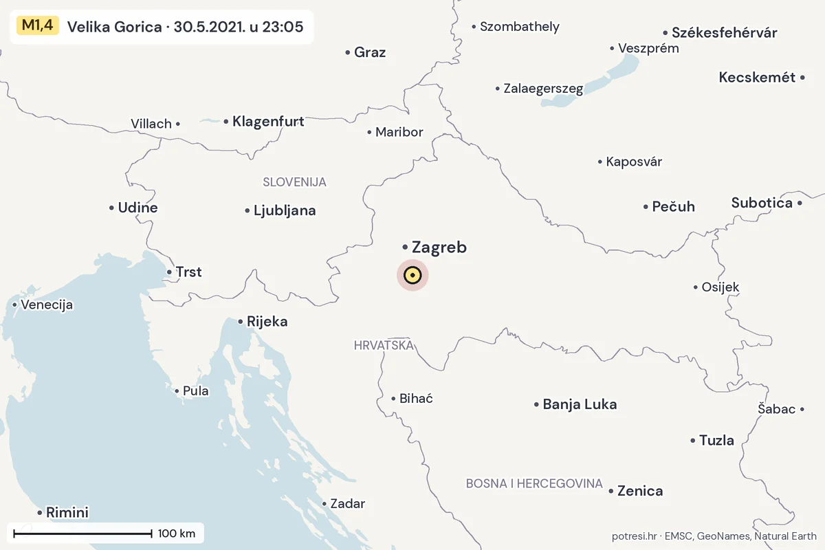 Karta: šire područje, 600 km, potres M1,4, Velika Gorica, 30.5.2021.