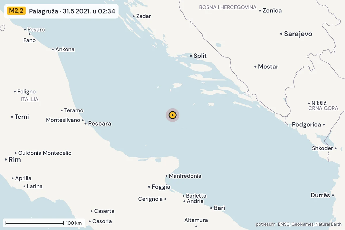 Karta: šire područje, 600 km, potres M2,2, Palagruža, 31.5.2021.