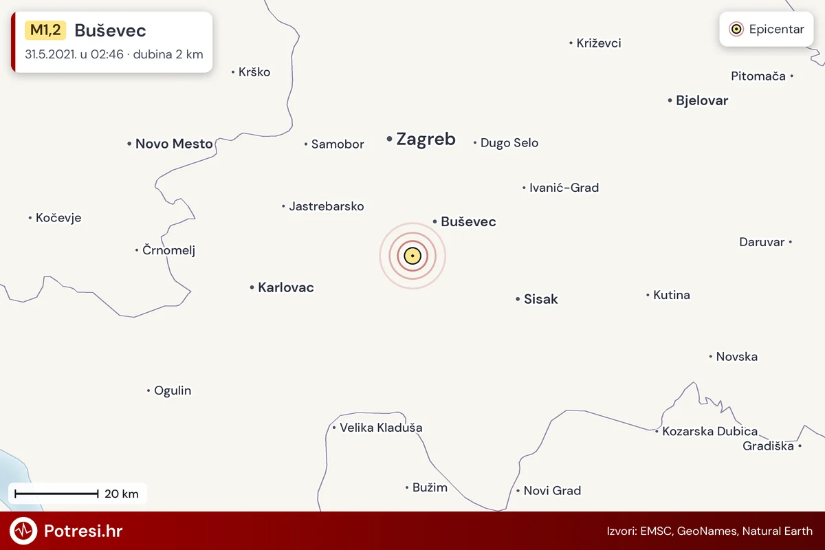 Karta: šire područje i vjerojatni doseg osjeta, potres M1,2, Buševec, 31.5.2021.