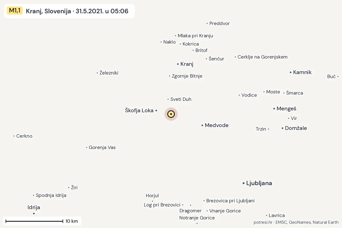 Karta: okolica epicentra, 60 km, potres M1,1, Kranj, Slovenija, 31.5.2021.