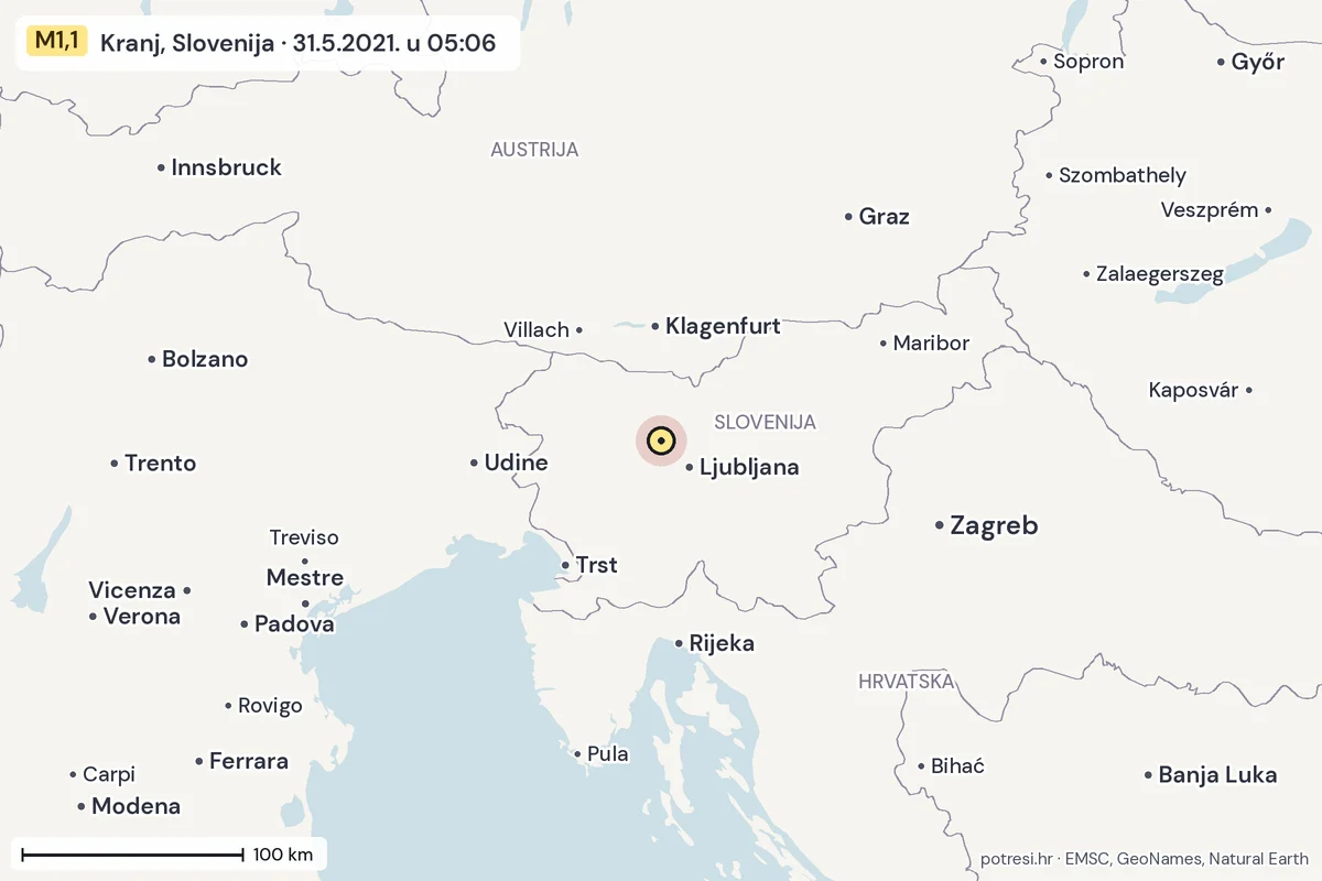 Karta: šire područje, 600 km, potres M1,1, Kranj, Slovenija, 31.5.2021.