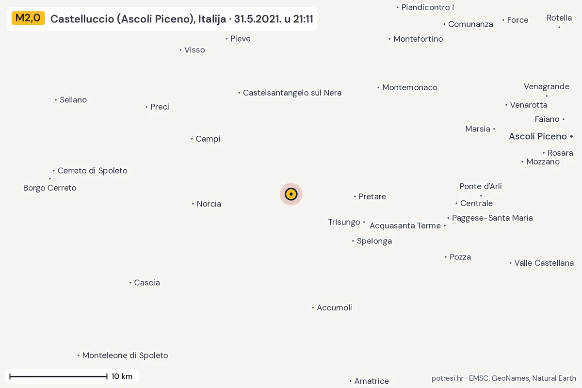 Karta: okolica epicentra, 60 km, potres M2,0, Castelluccio (Ascoli Piceno), Italija, 31.5.2021.