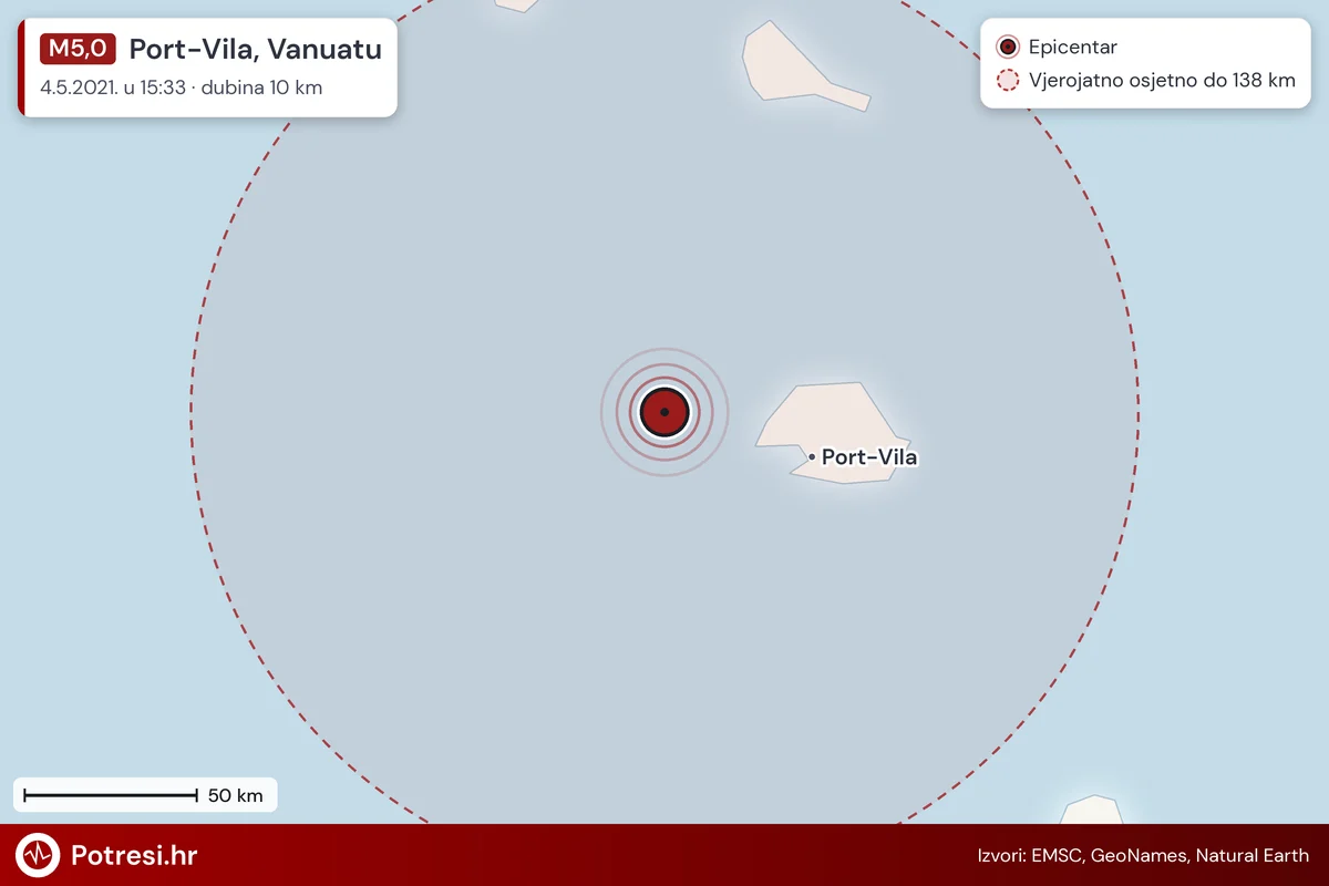 Karta: šire područje i vjerojatni doseg osjeta, potres M5,0, Port-Vila, Vanuatu, 4.5.2021.