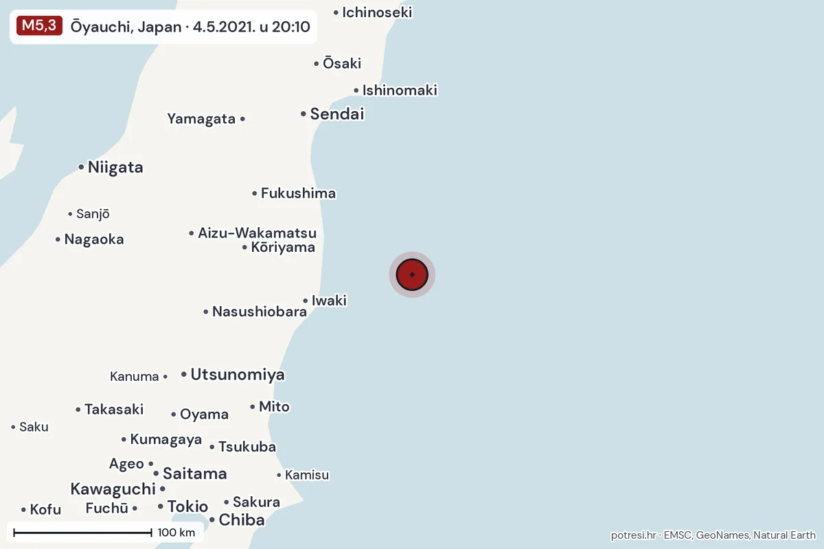 Karta: šire područje, 600 km, potres M5,3, Ōyauchi, Japan, 4.5.2021.