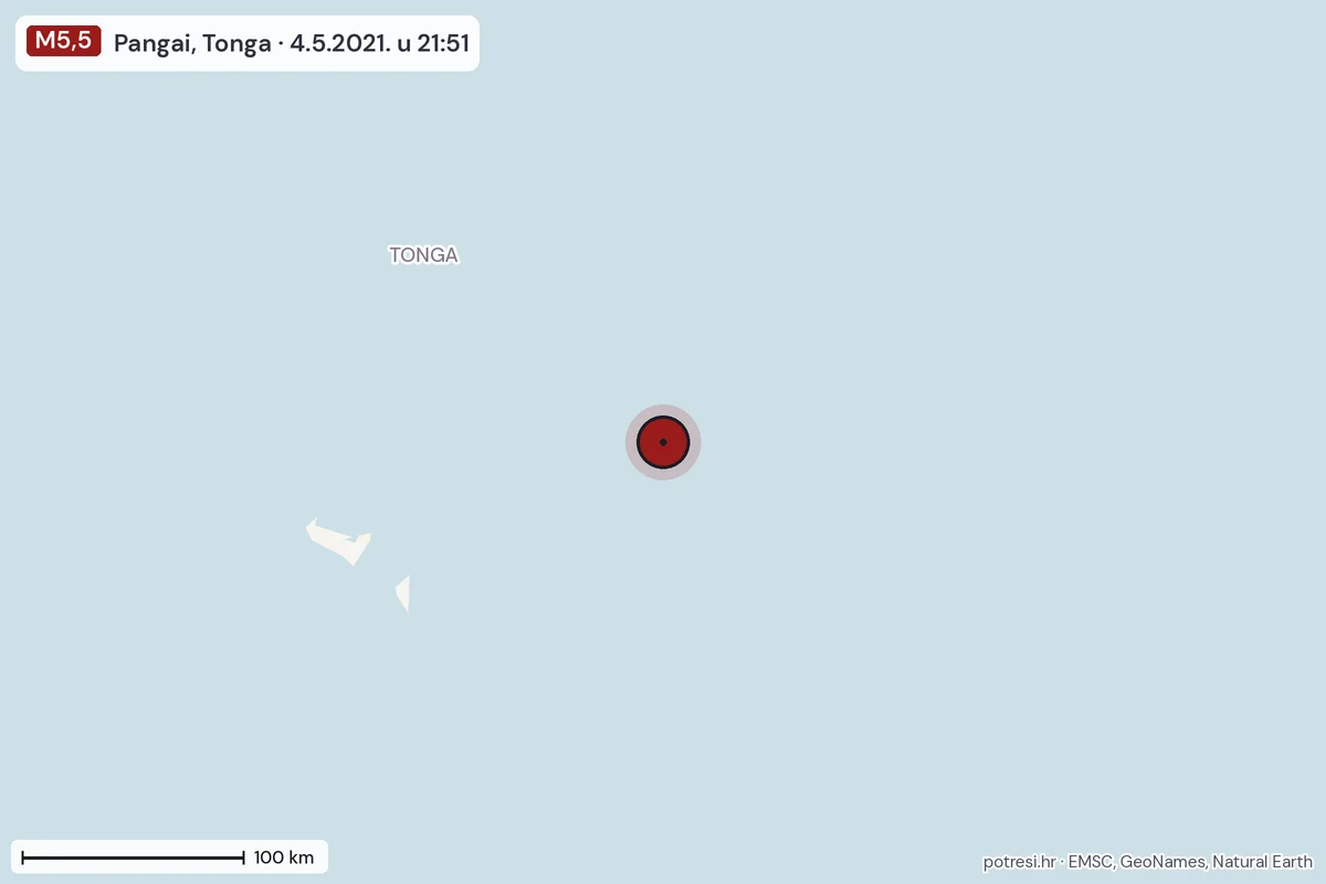 Karta: šire područje, 600 km, potres M5,5, Pangai, Tonga, 4.5.2021.