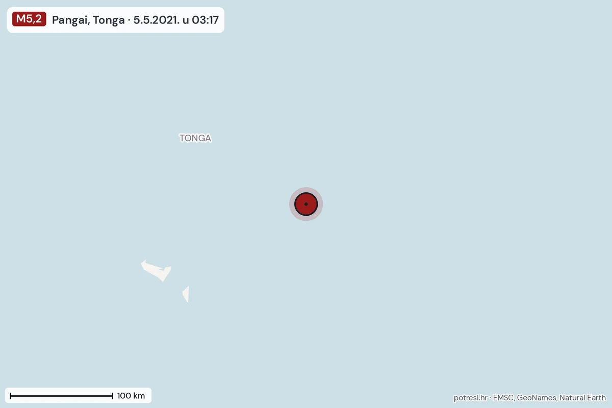 Karta: šire područje, 600 km, potres M5,2, Pangai, Tonga, 5.5.2021.