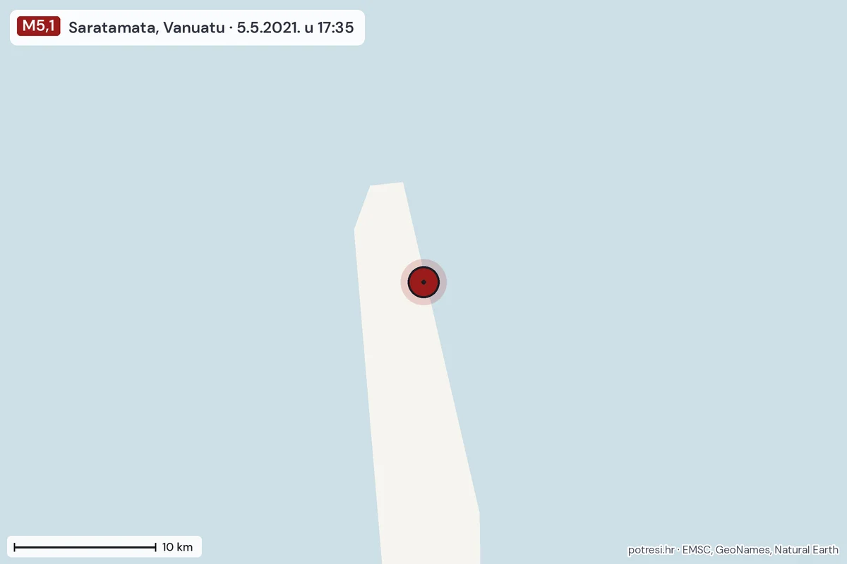 Karta: okolica epicentra, 60 km, potres M5,1, Saratamata, Vanuatu, 5.5.2021.
