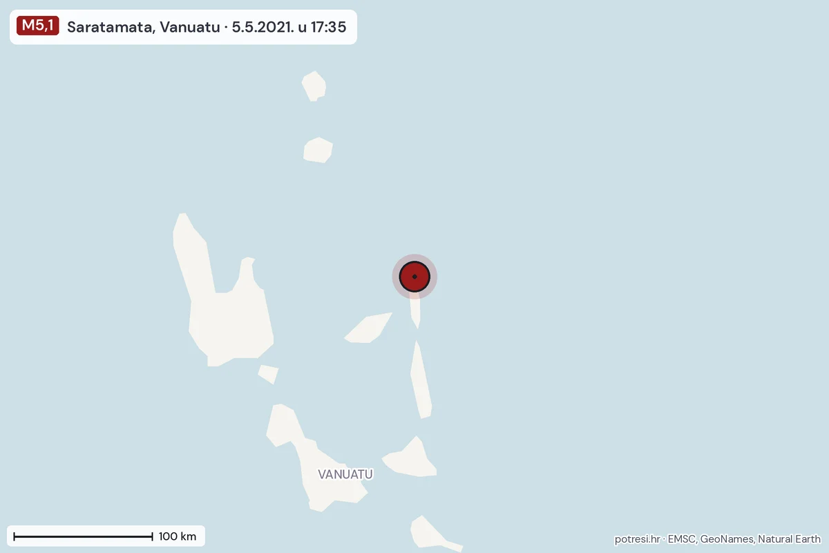 Karta: šire područje, 600 km, potres M5,1, Saratamata, Vanuatu, 5.5.2021.