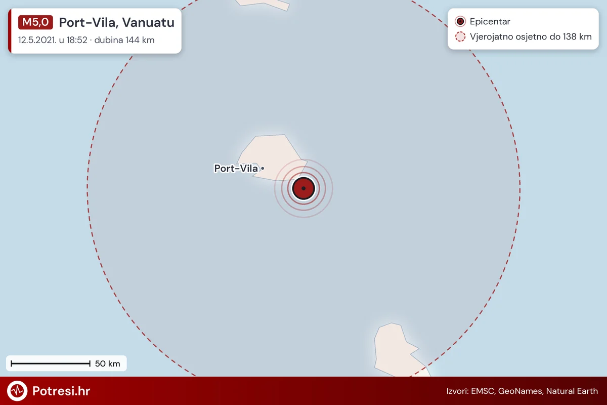 Karta: šire područje i vjerojatni doseg osjeta, potres M5,0, Port-Vila, Vanuatu, 12.5.2021.