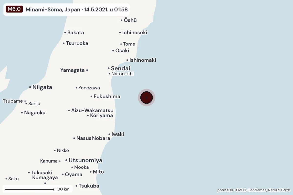 Karta: šire područje, 600 km, potres M6,0, Minami-Sōma, Japan, 14.5.2021.