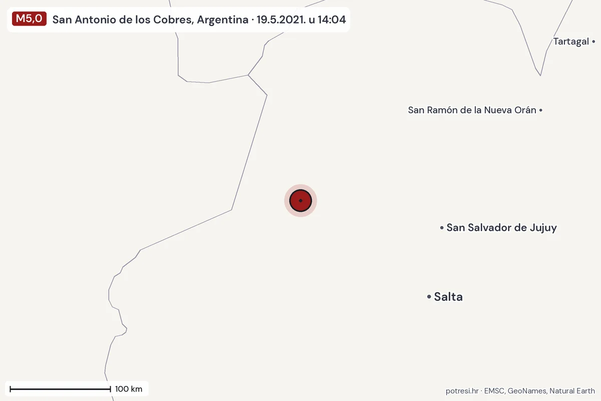 Karta: šire područje, 600 km, potres M5,0, San Antonio de los Cobres, Argentina, 19.5.2021.