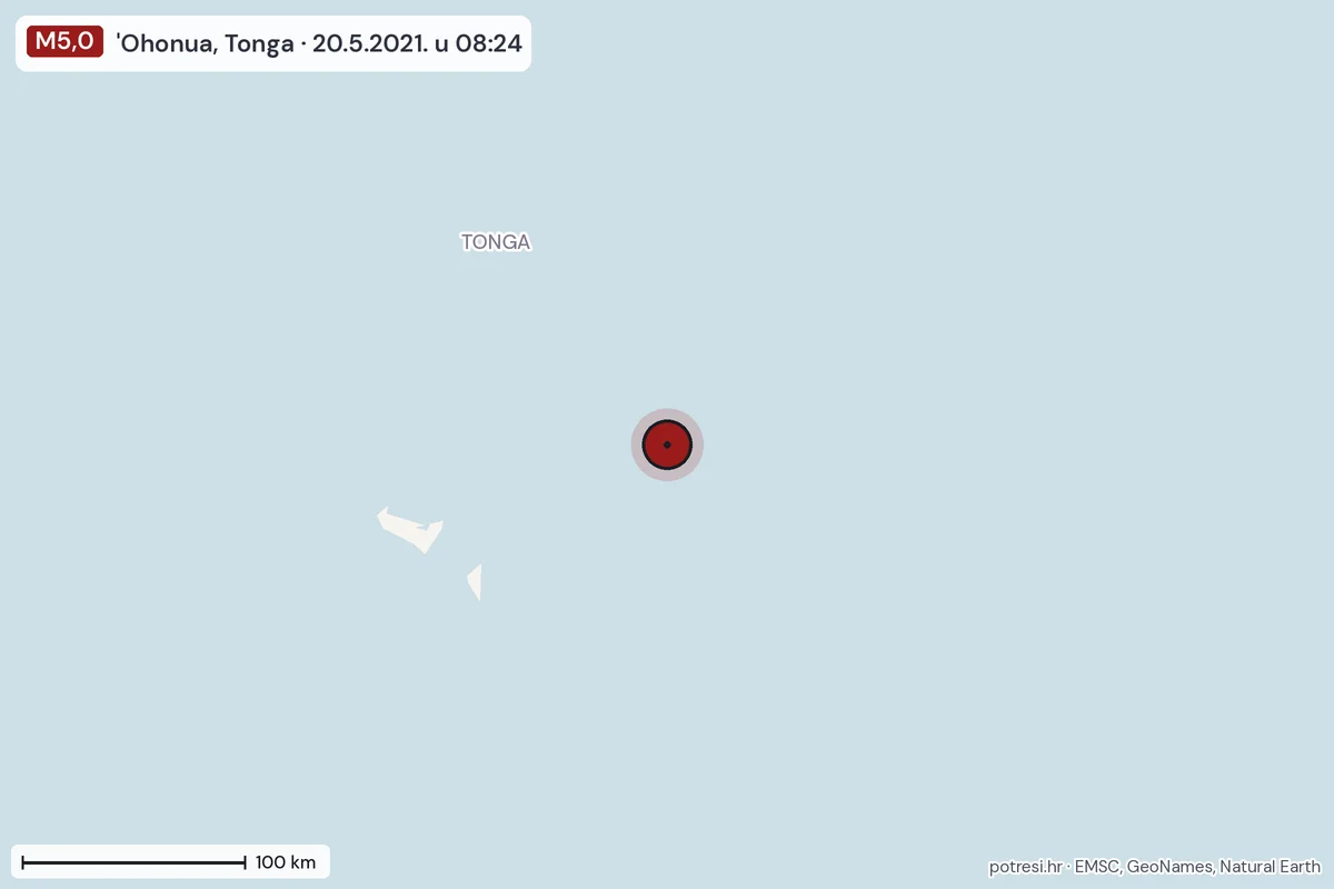 Karta: šire područje, 600 km, potres M5,0, 'Ohonua, Tonga, 20.5.2021.