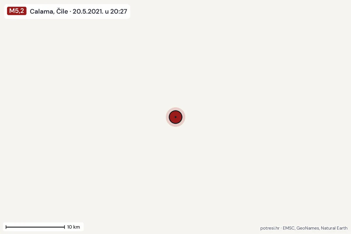 Karta: okolica epicentra, 60 km, potres M5,2, Calama, Čile, 20.5.2021.