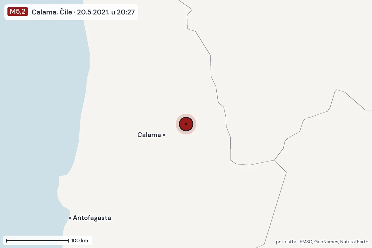Karta: šire područje, 600 km, potres M5,2, Calama, Čile, 20.5.2021.