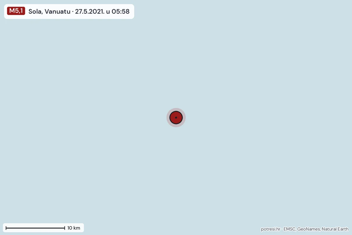 Karta: okolica epicentra, 60 km, potres M5,1, Sola, Vanuatu, 27.5.2021.