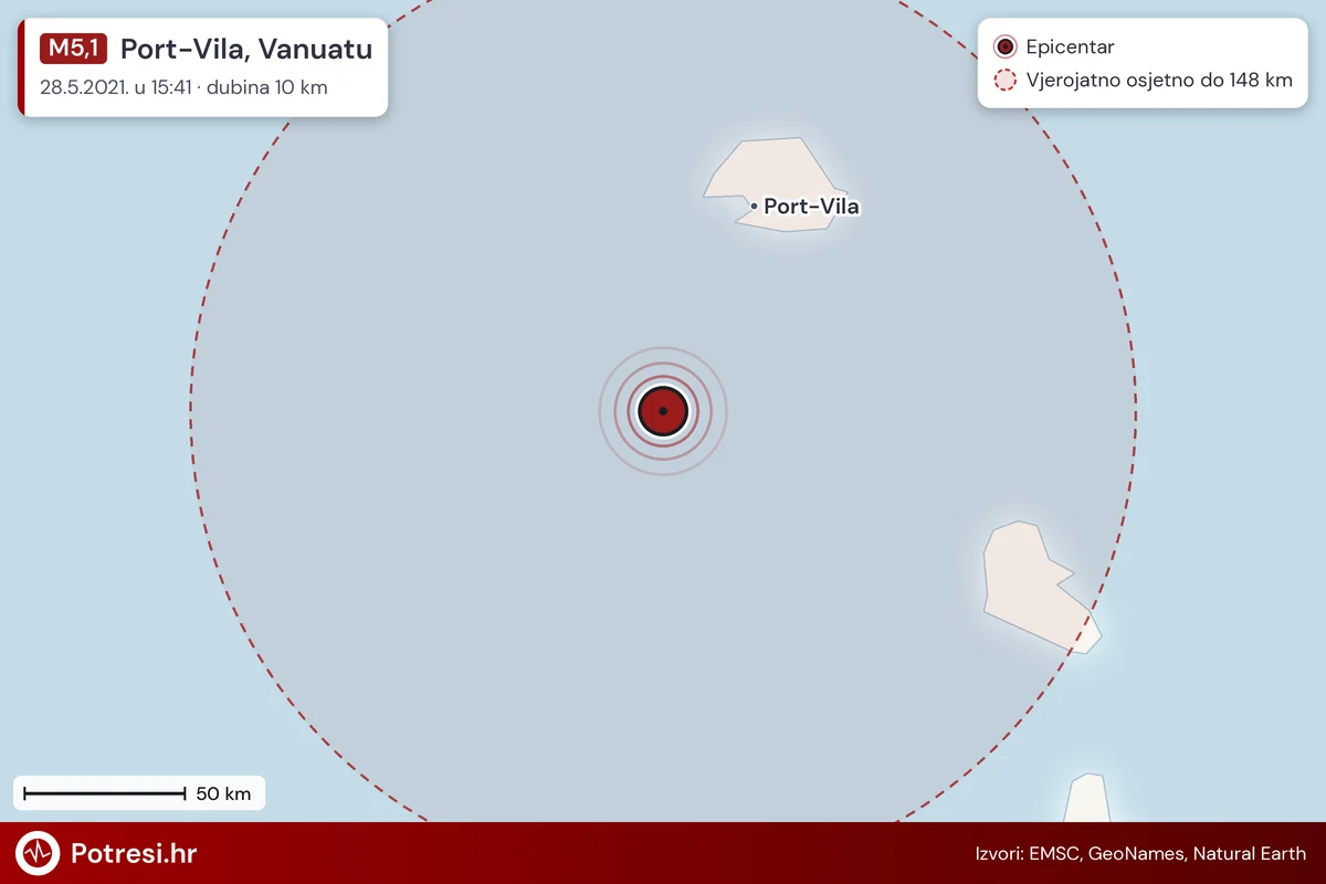 Karta: šire područje i vjerojatni doseg osjeta, potres M5,1, Port-Vila, Vanuatu, 28.5.2021.