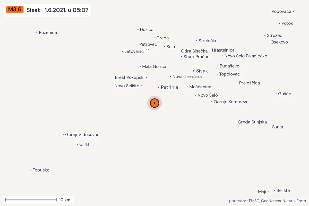 Karta: okolica epicentra, 60 km, potres M3,6, Sisak, 1.6.2021.