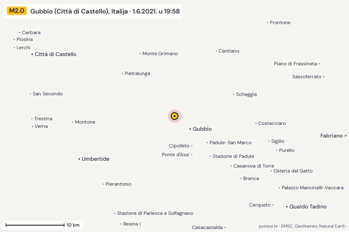 Karta: okolica epicentra, 60 km, potres M2,0, Gubbio (Città di Castello), Italija, 1.6.2021.