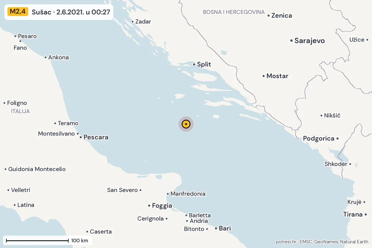 Karta: šire područje, 600 km, potres M2,4, Sušac, 2.6.2021.