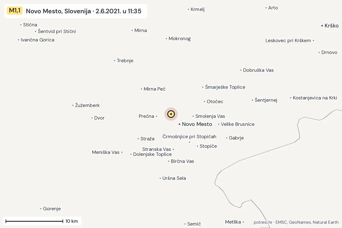 Karta: okolica epicentra, 60 km, potres M1,1, Novo Mesto, Slovenija, 2.6.2021.